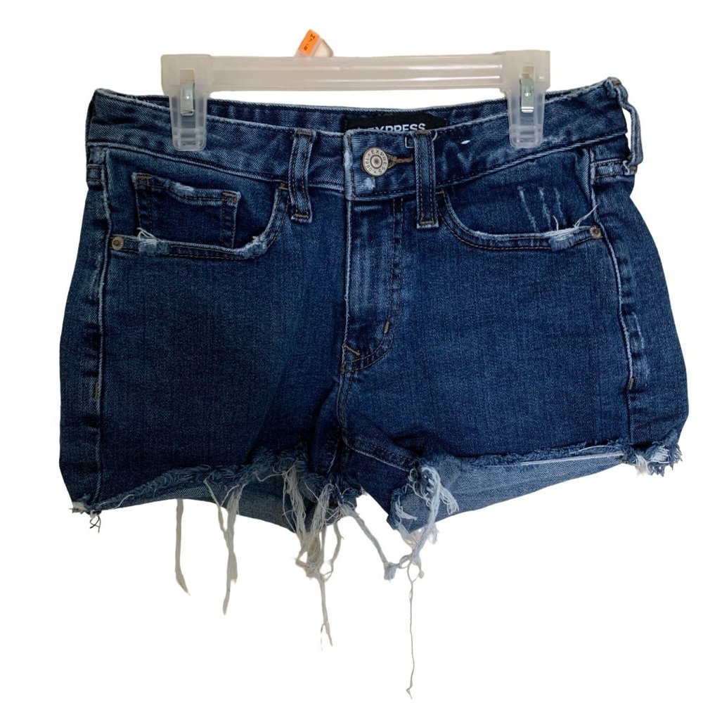 EXPRESS Original Relaxed Low Rise Shortie Frayed Hem Blue Denim Jean Shorts Sz 0